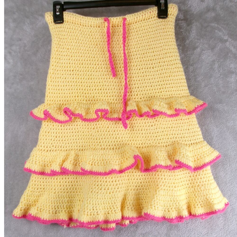Handmade Crochet Yellow Ruffle Drawstring Skirt Pink Trim Boho